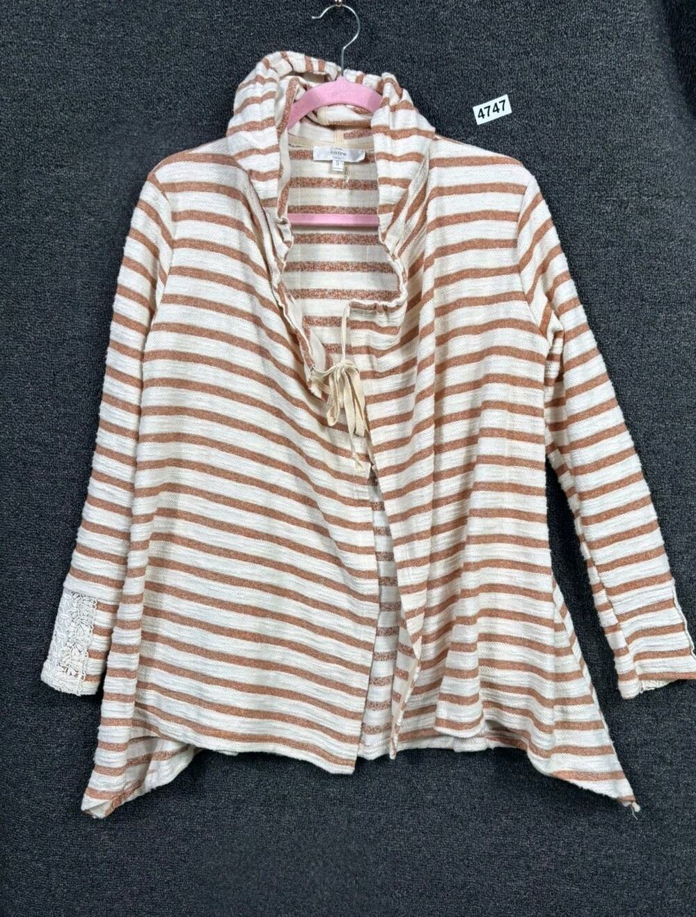 Entro Striped Knit Open Front Cardigan Sweater Womens Size S Ivory Brown